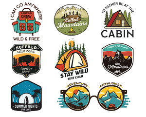 vintage camp logos, mountain badges set. hand drawn labels designs. travel expedition, backpacking, 