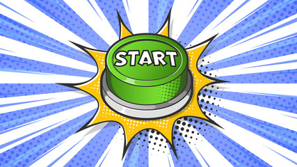 Green Start button expression text on a Comic bubble with halftone. Raster illustration of a bright and dynamic cartoonish image in retro pop art style isolated on colorful blue background