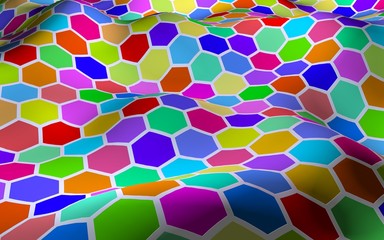 Honeycomb multi-colored. Perspective view on polygon look like honeycomb. Wavy surface. Isometric geometry. 3D illustration