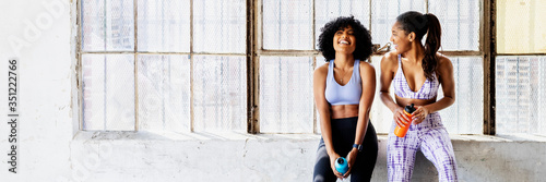 Cuadros en Lienzo Sportive women talking in a gym while drinking water