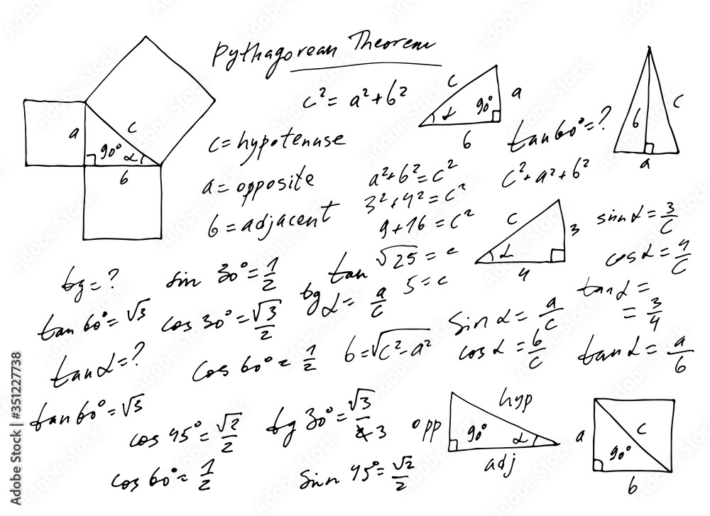 Handwritten trigonometric vector set, hand drawn monochrome math ...