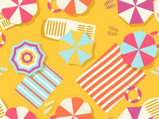 Wall Mural - Seamless beach pattern, top view. Chaise lounge with beach umbrella and towel on the sand. Flat design style. Summer beach vacation. Vector illustration