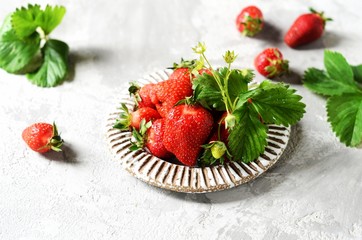 Wall Mural - Fresh strawberries in a bowl on a gray background, still life