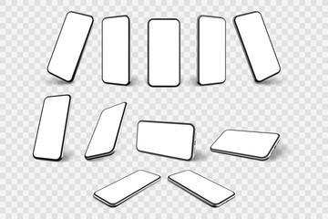 Realistic smartphone mockup. llustration of realism style drawn cellphone frame with blank display templates Collection of portable mobile device from different angles views on transparent background.