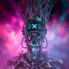 Wall Mural - cyberpunk gamer portrait / 3d illustration of science fiction futuristic robot character with glowin