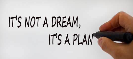 Hand writing 'it's not a dream, it's a plan', isolated on beautiful white background. Concept.