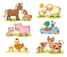 Vector Collection With Pets And Their Children. Big Set On A Farm Theme In Cartoon Style With A Horse And A Cow