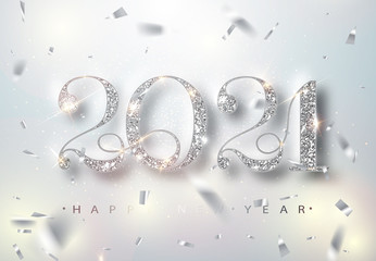 Wall Mural - happy new year 2021 greeting card with silver numbers and confetti frame on white background. vector