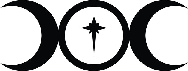 triple moon goddess symbol with star in centre in black and white