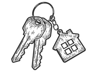 Bunch of keys with a keychain house. Sketch scratch board imitation.