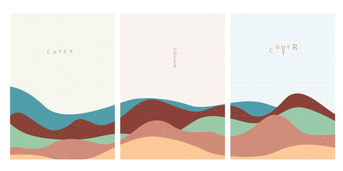 Wall Mural - covers templates set with japanese waves patterns and geometric curve hand drawn shapes oriental sty