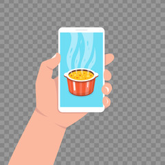 Poster - Cooking app on smartphone screen. Cooking soup in pan. Pot on stove with steam. Vector illustration.