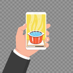 Poster - Cooking app on smartphone screen. Boiling water in pan. Cooking pot on stove with water and steam. Vector illustration.