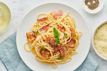 Wall Mural - Carbonara pasta. Spaghetti with pancetta, egg, parmesan cheese and cream sauce