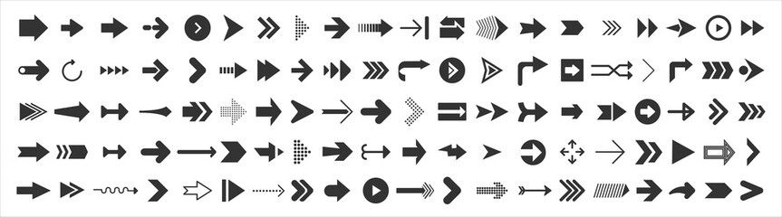 Poster - Big set of web Arrows. 100 black arrow icons isolated on white. Cursor illustration.