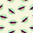© fruts0305 - Green lips, open mouth with teeth and tongue. Geometric seamless pattern, vector on a beige background.