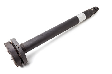 Poster - Single-section propeller shaft of a car with a steel rod, a sliding fork and an intermediate bearing for transmitting torque. Spare part for sale or replacement in a auto service.