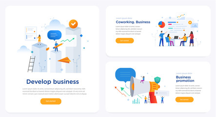 Wall Mural - Set of illustrations concept with business concept. Workflow, growth, graphics. Business development, milestones. lillustration infographics. Landing page site print poster