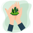 © OleniaArtShop - Earth Day, Enviroment day, Earth hour, environment damage concept. Vector flat illustration of hands with forest. Concept of climat change, ecological and deforestation problems.
