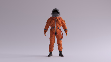 Wall Mural - Orange Astronaut with Black Visor With Light Grey Background with Neutral Diffused Side Lighting Front View 3d illustration 3d render