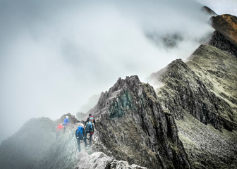 Crib Goch, a famous knife edged ridge line route to the summit of Mount Snowdon in the Snowdonia National Park 