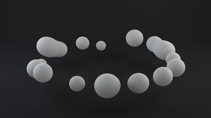 Poster - 3D animation of a white sphere dividing into many drops moving in a circle and merging with each other. Abstract 4K animation with continuous playback.