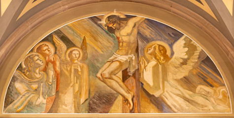  BARCELONA, SPAIN - MARCH 3, 2020: The fresco of crucifixion in the church Santuario Nuestra Senora del Sagrado Corazon by Francesc Labarta (1960).