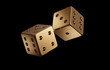 Photorealistic luxury golden dice throw for online gambling, bet, casino on a black background. Isolated.