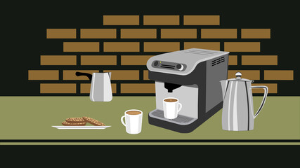 Wall Mural - Coffee machine, two cups of coffee and cookies, coffee pots on the table, coffee shop concept, vector illustration.