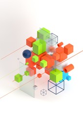 Poster - Abstract 3d render visualization background, template modern composition of geometric shapes in isometric . Cube, sphere, cylinder, line.