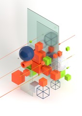 Wall Mural - Abstract 3d render visualization background, template modern composition of geometric shapes in isometric . Cube, sphere, cylinder, line.