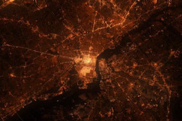 Wall Mural - Philadelphia aerial view. Night city with street lights, view from space. Urbanization concept, render