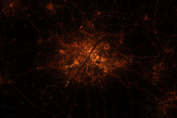 Wall Mural - Wuhan aerial view. Night city with street lights, view from space. Urbanization concept, render