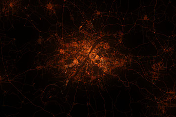 Poster - Wuhan aerial view. Night city with street lights, view from space. Urbanization concept, render