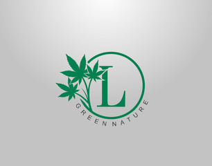 L Letter Logo Circle Nature Canabis Leaf, vector logo design concept medical marijuana leaf with initial letter logo icon for nature business.