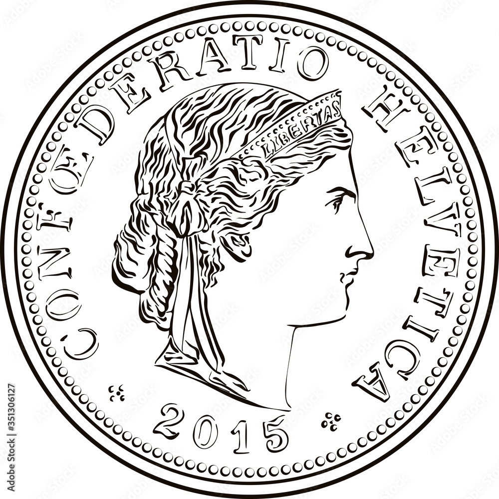 Black and white sketch of Obverse 20 centimes coin Swiss franc with Liberty  head and legend CONFOEDERATIO HELVETICA, official coin in Switzerland Stock  Vector | Adobe Stock