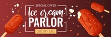 Banner design with choc-ice for Ice cream parlor or shop, Sweet products, Dessert. Vector illustration for poster, banner, flyer, commercial, advertising, menu. 