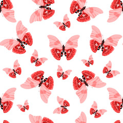 Poster - seamless pattern of red tropical butterflies isolated on white background