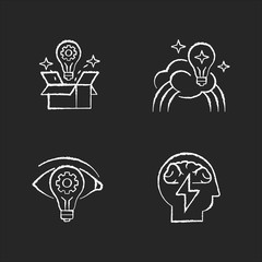 Poster - Creative mindset chalk white icons set on black background. Imagination of creative artist. New vision, innovative insight. Inspiration to work on project. Isolated vector chalkboard illustrations