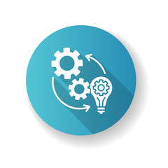 Sticker - Implementation blue flat design long shadow glyph icon. Optimization of mechanical production process. Connection of cog wheel in machine. Smart management. Silhouette RGB color illustration