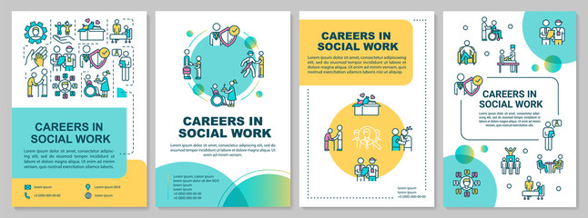 Wall Mural - Career in social work brochure template. Employee for public work. Flyer, booklet, leaflet print, cover design with linear icons. Vector layouts for magazines, annual reports, advertising posters
