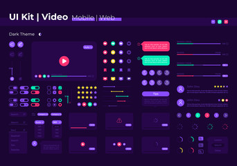 Poster - Video UI elements kit. Search for film. Multimedia control isolated vector icon, bar and dashboard template. Web design widget collection for mobile application with dark theme interface