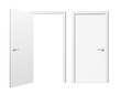 Set of opened and closed white doors. Vector doors in a front view, isolated on a white background. Simple and modern shape wooden door in a different positions. House interior object drawing.