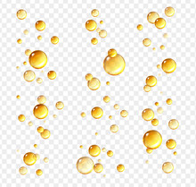 Golden Oil Bubbles. Realistic Oil Drops, Cosmetic Vitamin Capsules, Collagen Essence, Serum Yellow Droplets. Vector Oily Balls