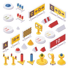 Wall Mural - Isometric set of airport lights, taxiway signs, runway Guard, approach, touchdown zone and advanced airport light spotting