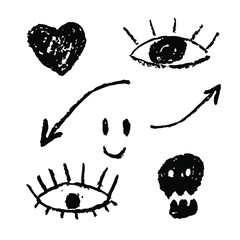 Poster - Eye. Scull. Heart. Arrow. Smile. Clip art. Digitall drawing doodles. Black image isolated on white background. Crayons effect. Vector EPS 10. 