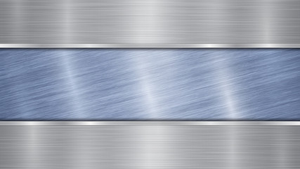 Background consisting of a blue shiny metallic surface and two horizontal polished silver plates located above and below, with a metal texture, glares and burnished edges