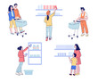 © Мария Гисина - Set of people characters in supermarket buying foods and goods. Customers or buyers shopping in grocery store. Flat carton vector illustration.