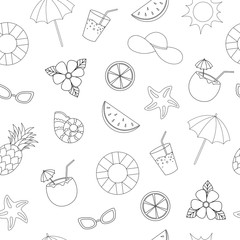 Wall Mural - Seamless pattern with different summer objects isolated on white background. Summer collection. Linear sketch for coloring booking page,print, textile, background. Vector illustration