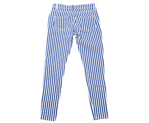 Pants isolated on white, striped pants top view, white pants with blue and stripes, isolation